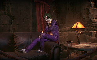 DC Joker sitting on black couch illustration, Batman, Joker, video games, Batman: Arkham Knight
