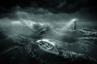 illustration of stormy seas with lighthouse and clinker boat, nature, water, sea, waves