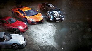 four assorted-color sports cars