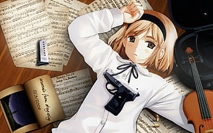 blonde short haired girl wearing white dress and black semiautomatic pistol