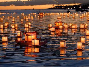boat lamps lot, lantern, river, lights, sunset HD wallpaper