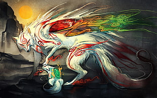 white fox painting, anime, Okami
