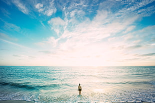 woman in black bikini standing on the seashore facing the ocean
