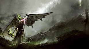 green and black winged monster wallpaper, death, destruction, wings, fantasy art HD wallpaper