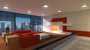white and red room interior HD wallpaper
