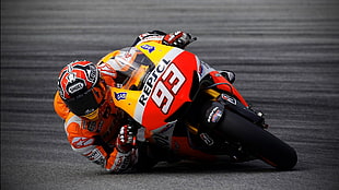 red and yellow sports bike and racer, Marc Marquez, Moto GP, Repsol Honda, vehicle