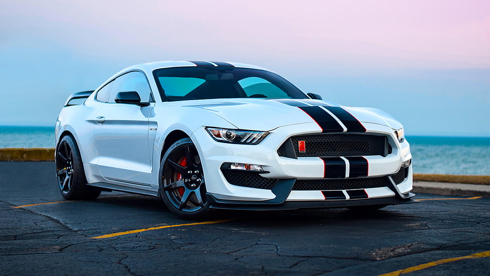 white 5-door hatchback, Ford Mustang, car, sea, muscle cars HD wallpaper
