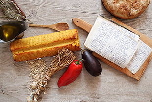 bell pepper, eggplant, bread, chopping board photo