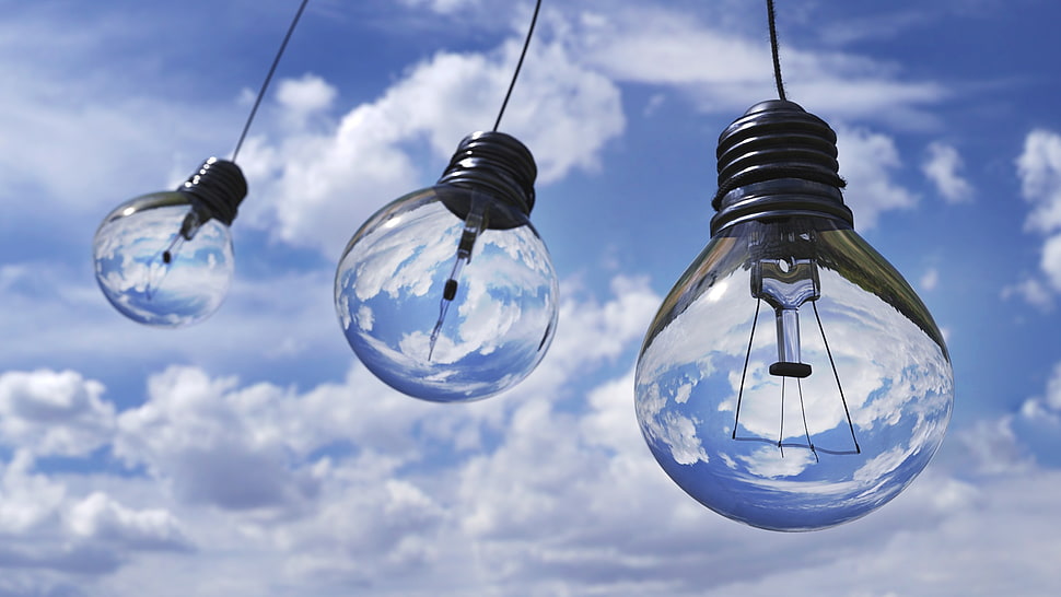 three LED bulb light under cloudy sky in focus photography HD wallpaper