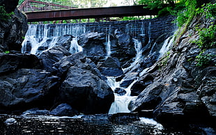 water rapids on black rocks during daytime photo HD wallpaper