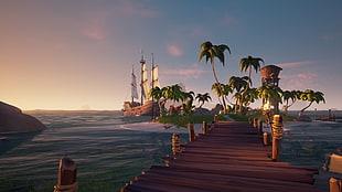 animated footbridge leading to island graphic wallpaper, Sea of Thieves, ship, palm trees, water HD wallpaper