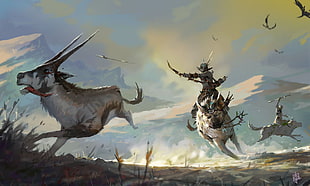 person riding animal holding bow illustation, hunting, fantasy art