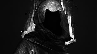 black background, digital art, hoods, faceless