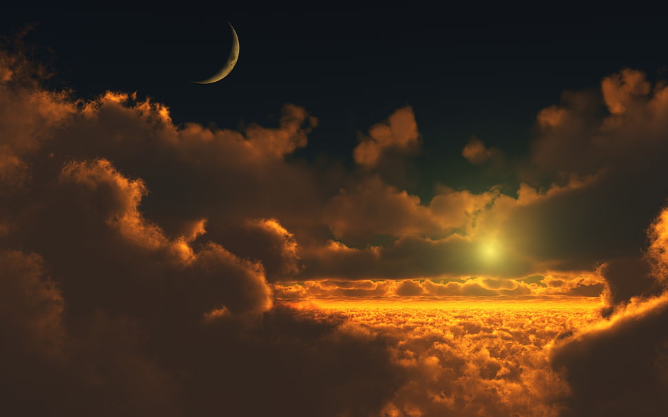 crescent moon over golden sky HD wallpaper