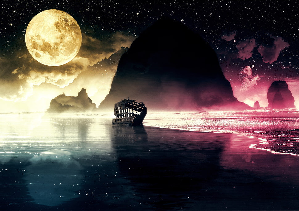 sail boat digital wallpaper, Moon, shipwreck, stars, colorful HD wallpaper