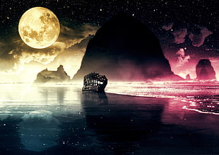 sail boat digital wallpaper, Moon, shipwreck, stars, colorful