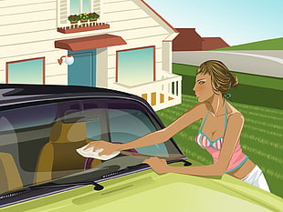 woman cleaning car illustration HD wallpaper