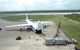 white and blue jumbo jet, aircraft, antonov, cargo, Volga-Dnepr Airlines