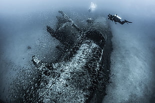 black submarine, sea, underwater, deep sea, wreck HD wallpaper