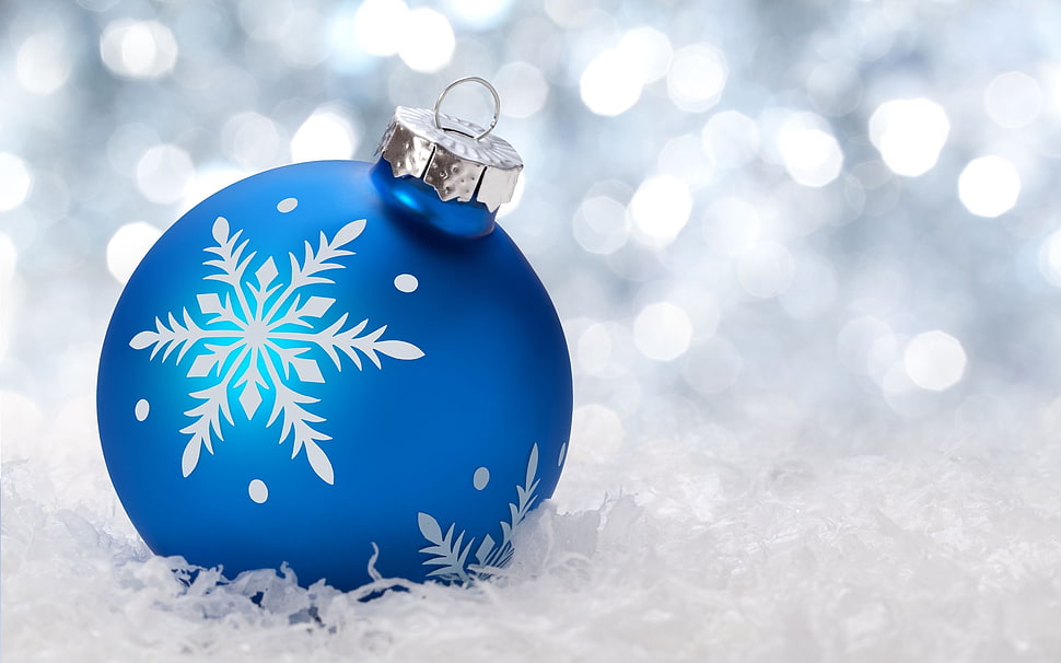 blue and white snowflake-printed bauble, New Year, snow, Christmas ornaments , bokeh HD wallpaper