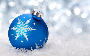 blue and white snowflake-printed bauble, New Year, snow, Christmas ornaments , bokeh
