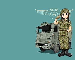 female anime character wearing army suit