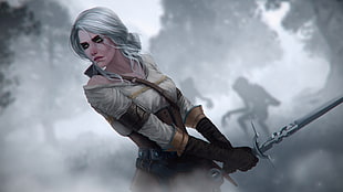 gray haired woman holding sword illustration
