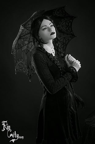 black umbrella, wednesday addams, cosplay, monochrome, Katrina Wilkinson HD wallpaper