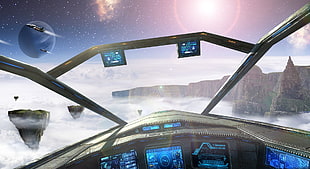 ship cabin illustration, space, clouds, spaceship, flying