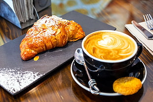 bread and latte, breakfast, food, coffee, croissants HD wallpaper