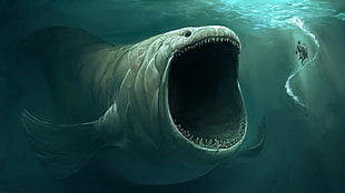 underwater photo of person near sea creature