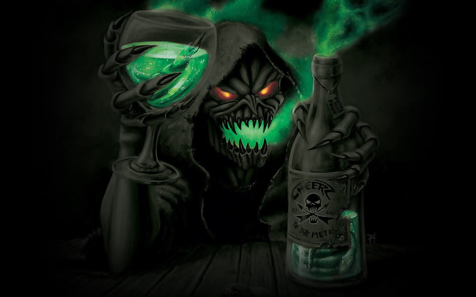 monster holding bottle fan art, digital art, skull, skeleton, Grim Reaper HD wallpaper