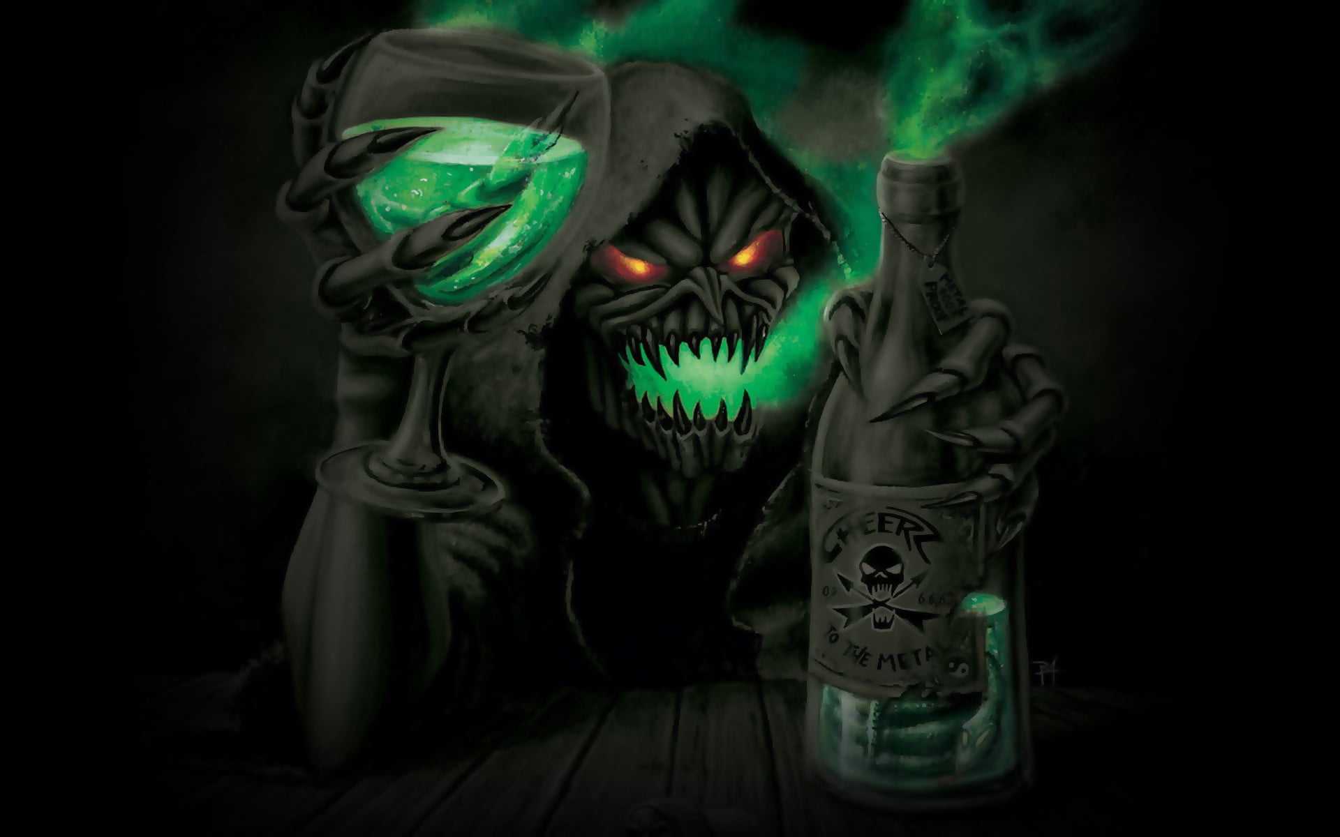 monster holding bottle fan art, digital art, skull, skeleton, Grim Reaper