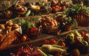 variety of fruits and vegetables, food, apples