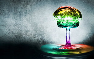 teal and multicolored explosion wallpaper, mushroom clouds, colorful, water, explosion HD wallpaper