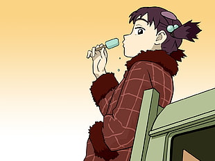 female anime character with purple hair and brown long-sleeved top holding ice cream popsicle illustration