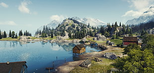 houses near lake, video games, World of Tanks, lake, landscape