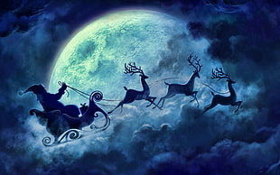 Santa and deer during full moon digital wallpaper