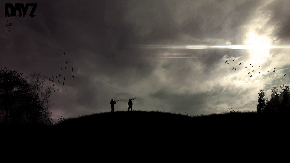 silhouette of two person walking on grass at daytime, video games, DayZ HD wallpaper