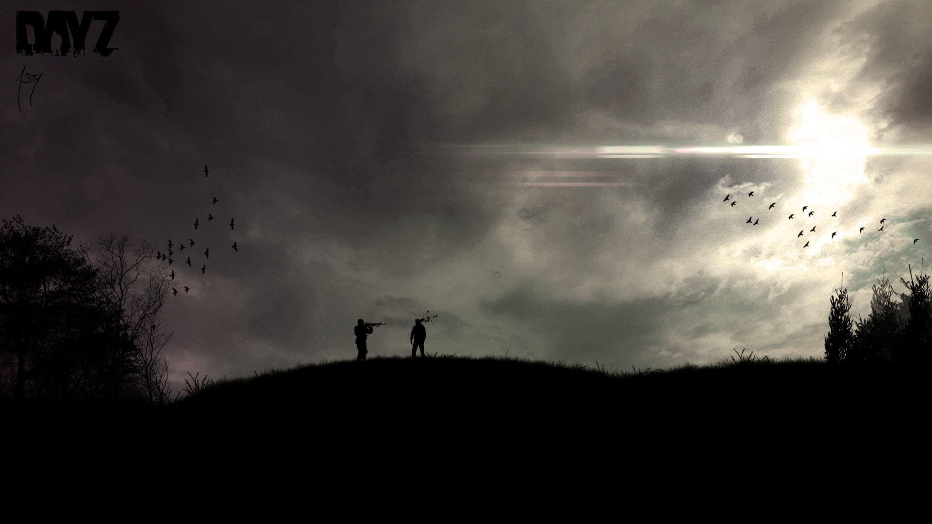 silhouette of two person walking on grass at daytime, video games, DayZ