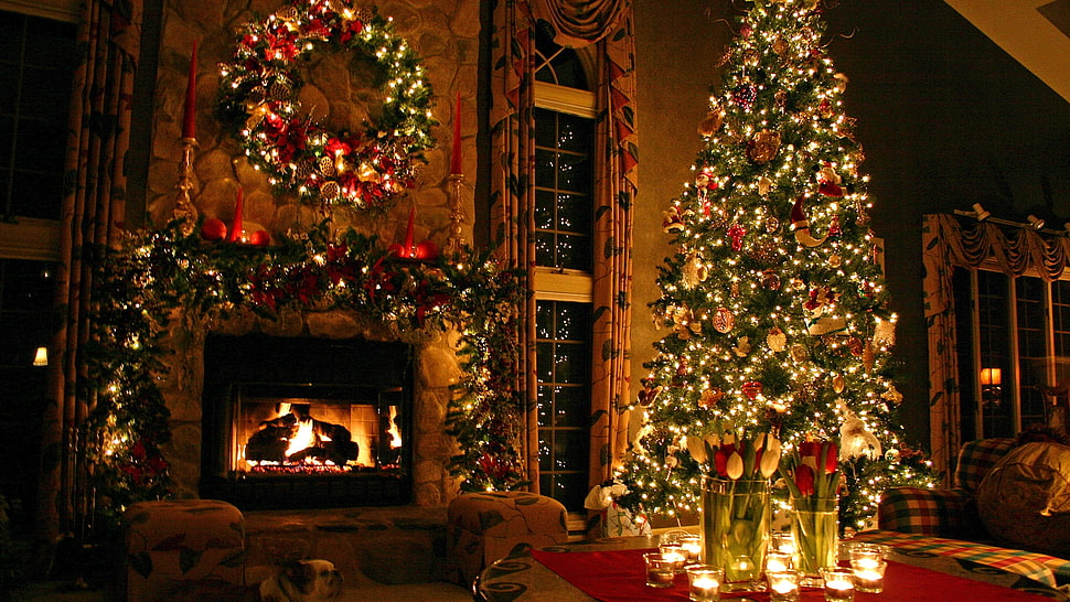 christmas tree beside fireplace HD wallpaper