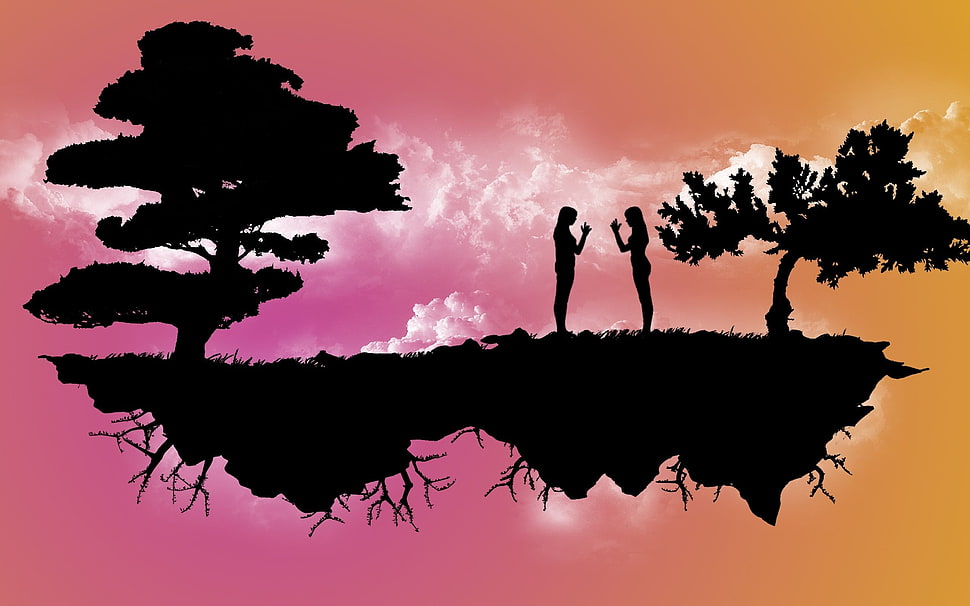 illustration of a floating island and silhouette of two person HD wallpaper