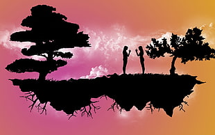 illustration of a floating island and silhouette of two person HD wallpaper