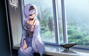 purple haired female anime character illustration, black survival, sissela, animals, birds