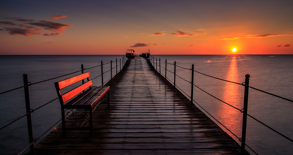 gray wooden dock, sea, sunset, nature, pier HD wallpaper