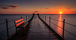 gray wooden dock, sea, sunset, nature, pier