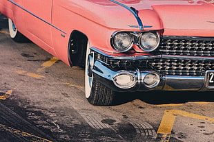 pink vehicle, Headlights, Car, Retro