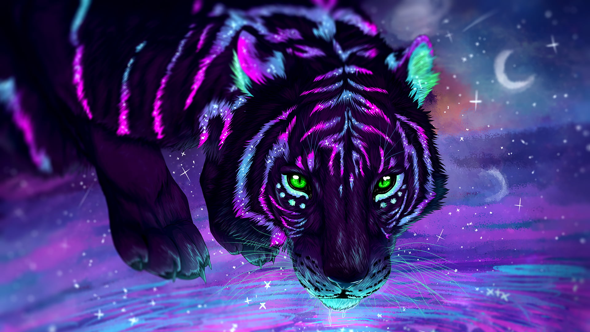 black and purple tiger painting, digital art, tiger, stars, galaxy