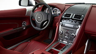 red and black vehicle center stack, steering wheel, and dashboard, Aston Martin DB9, car, car interior HD wallpaper
