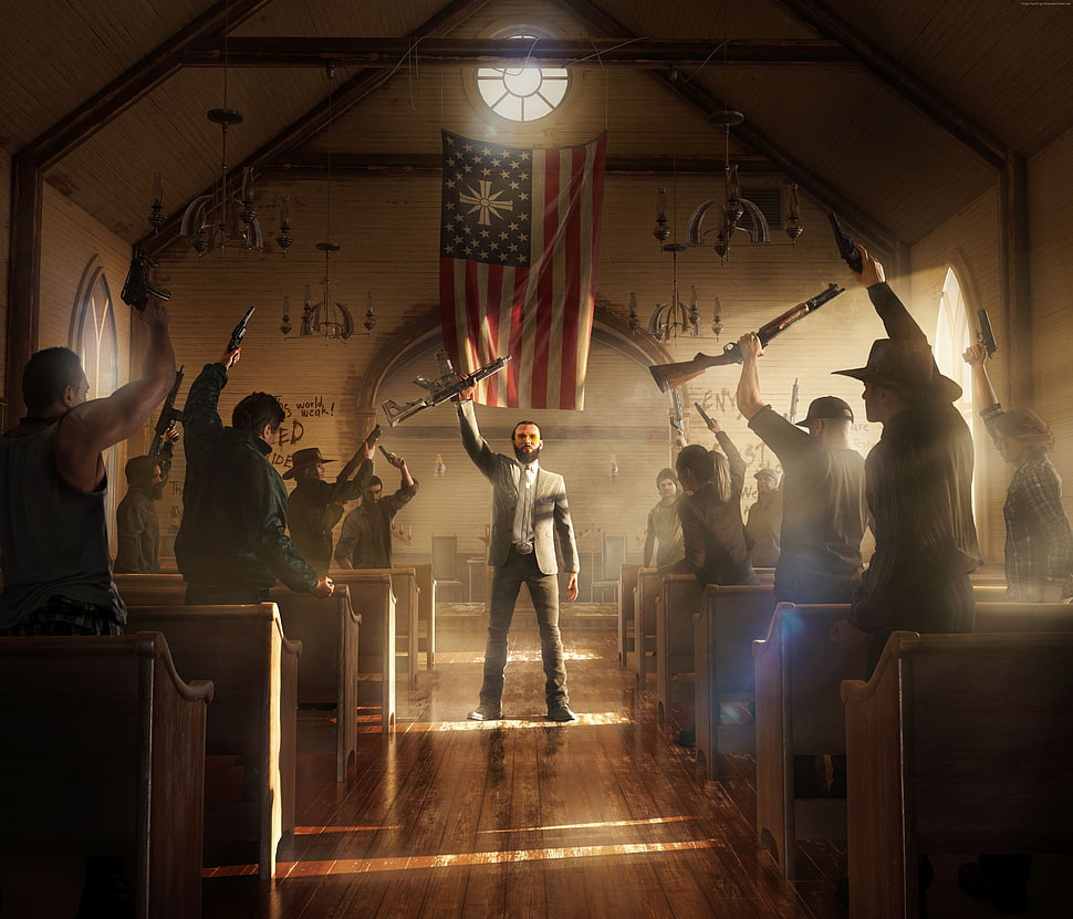 men holding rifles inside room with flag HD wallpaper